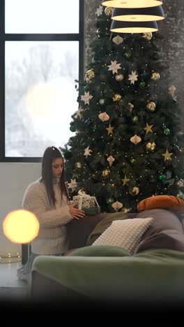 joven abriendo el regalo de navidad junto al árbol de navidad