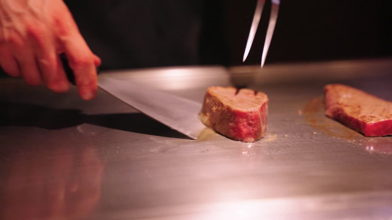 Teppan Kobe Beef Authentic Wagyu Restaurant in Japan, Searing Meat on Grill