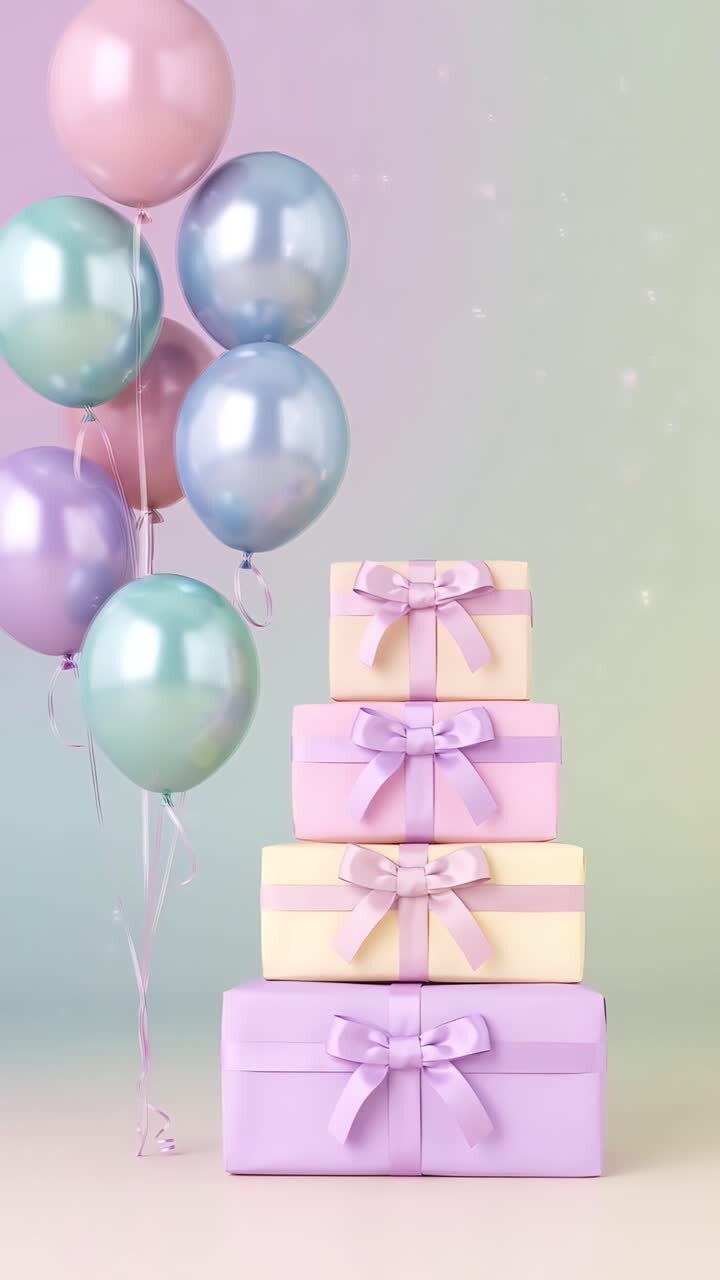 Video di sfondo di compleanno con palloncini e scatole regalo 4K
