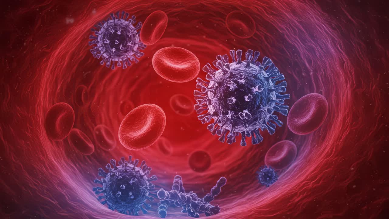 Exploring the Microscopic World of Pathogens: A Detailed Look at Viruses and Blood Cells Interacting Within the Circulatory System