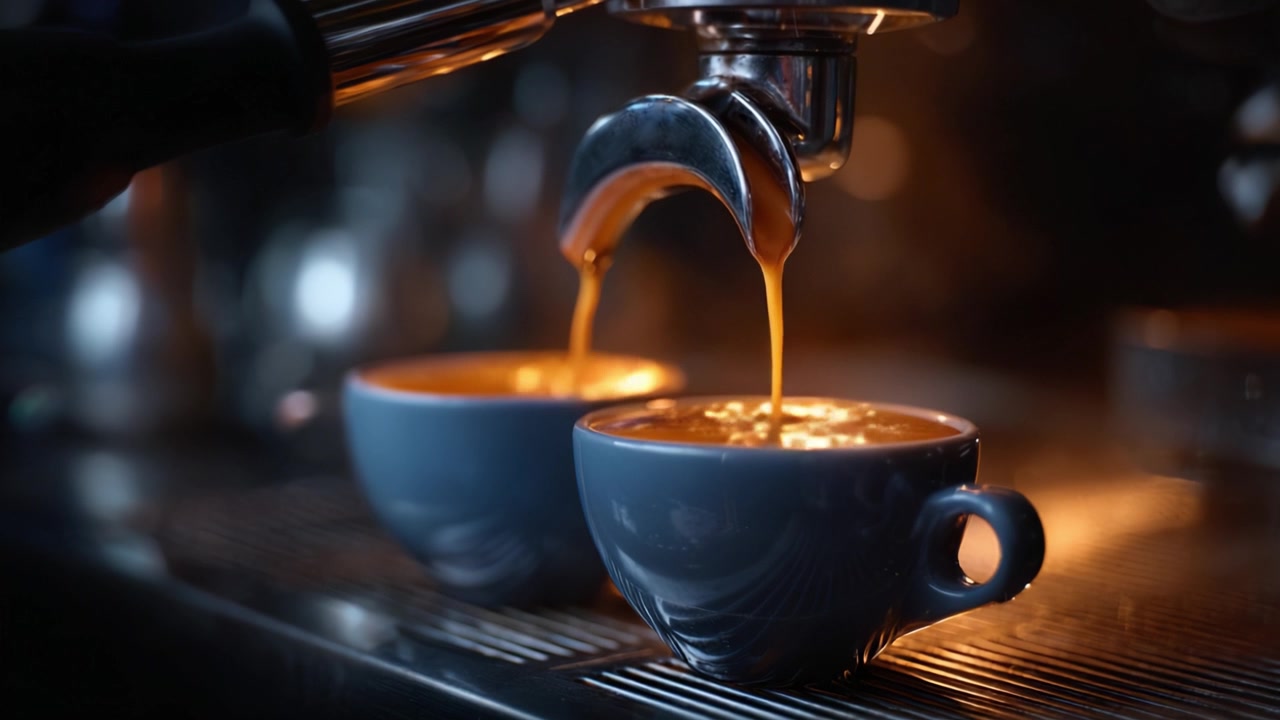 Rig espresso flyder ned i blå kopper, perfekt brygget med fløjlsblød crema, der viser kunsten at tilberede kaffe i et indbydende café-miljø