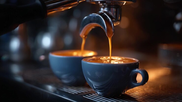 Ricco espresso scorre in tazze blu, perfettamente preparato con crema vellutata, mettendo in mostra l'arte della preparazione del caffè in un accogliente ambiente da caffè.