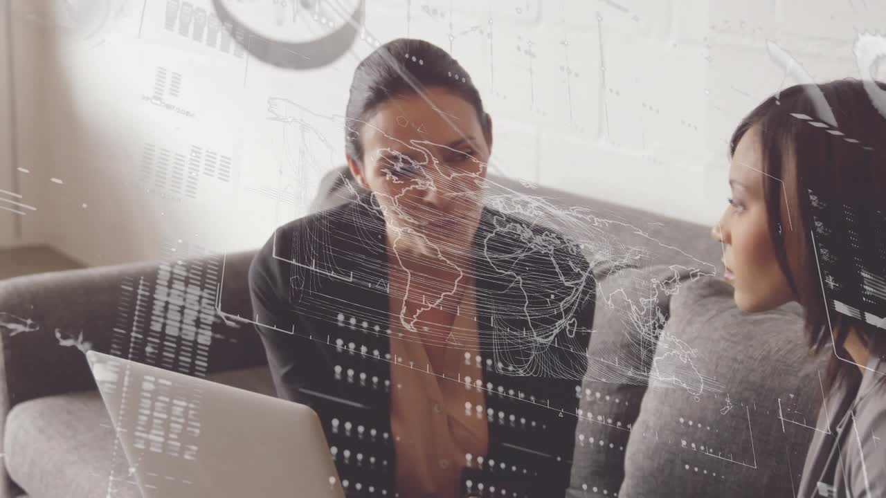 Animation of financial data processing over diverse business people working at office