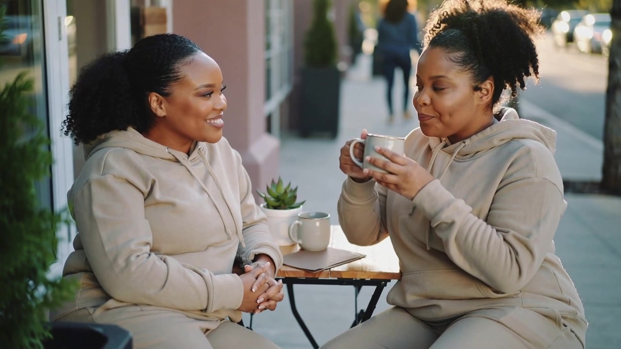 Sipping right woman wearing beige hoodies holding big mug at sidewalk cafe after companion asking