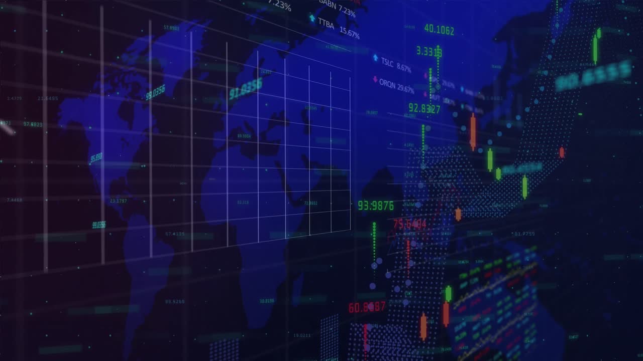 animación del procesamiento de datos financieros sobre el mapa del mundo sobre fondo azul