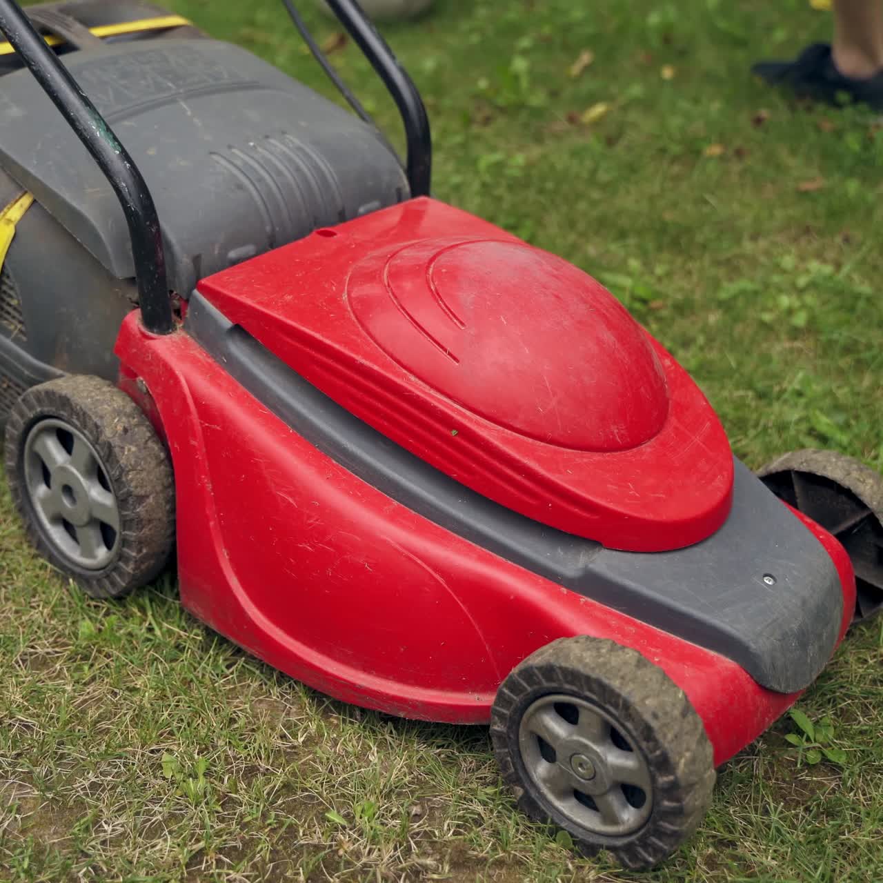 Lawn mower cutting the grass. Gardening activity. Cutting grass in the garden. Gardener working with mower machine in the garden.