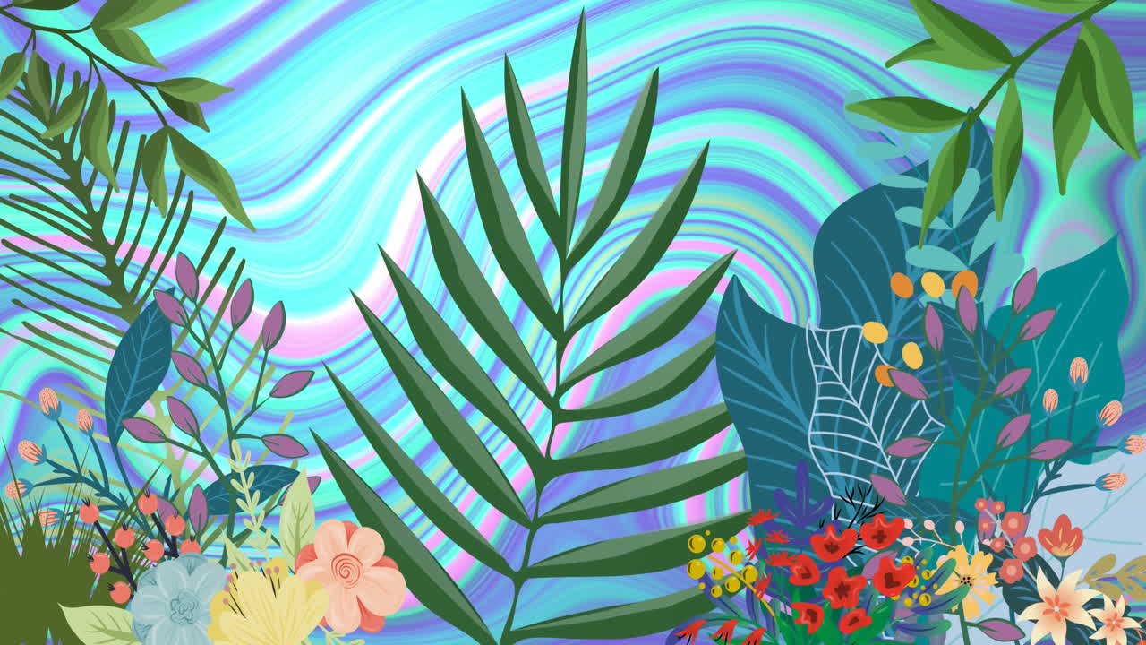 animación de hojas y fondo líquido colorido en movimiento.