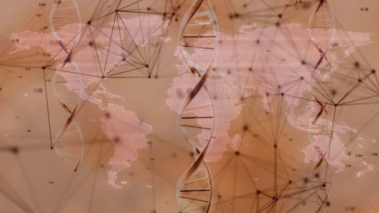 cadenas de adn y conexiones de red animación sobre el fondo del mapa del mundo