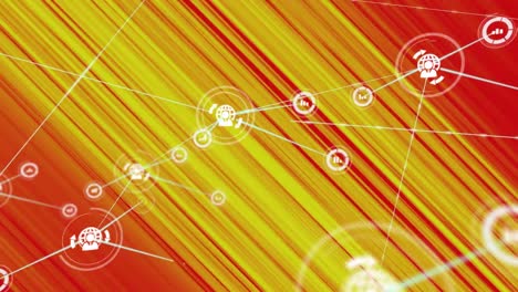 animation of network of connections with digital icons over yellow light trails