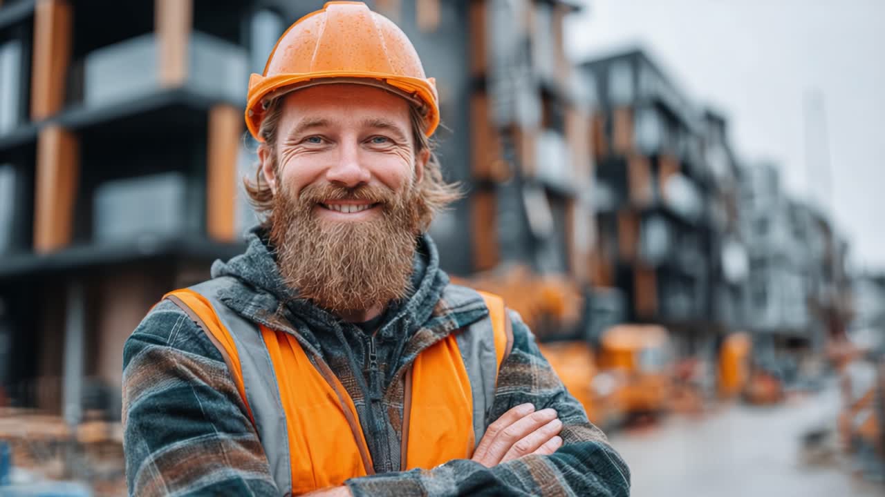 Confident Construction Worker Smiling With Arms Crossed on Site: A Portrait of Determination and Professionalism Amidst Ongoing Development