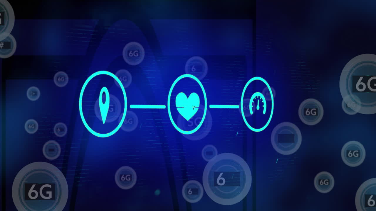 6G technology symbols with glowing icons connected by lines on blue background