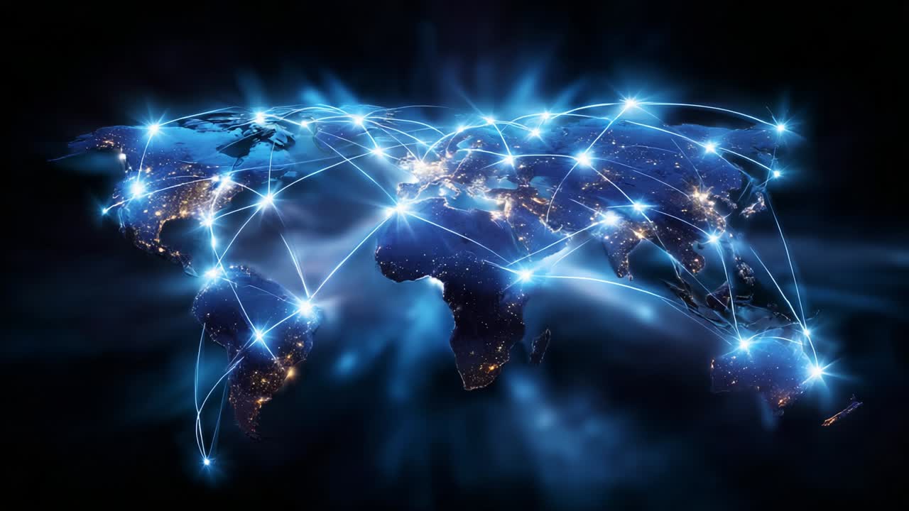 Global Connectivity and Networking: A Stunning Glimpse of the World as Seen from Space, Showcasing Interconnectedness through Digital Lines and Bright City Lights Glimmering Against the Night Sky