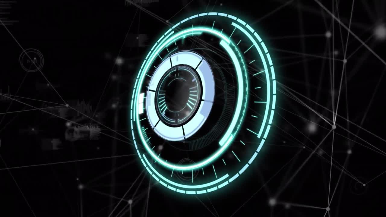 Digital animation of round scanner against network of connections on black background