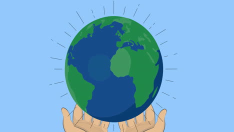 animation of hands holding blue and green globe over blue background