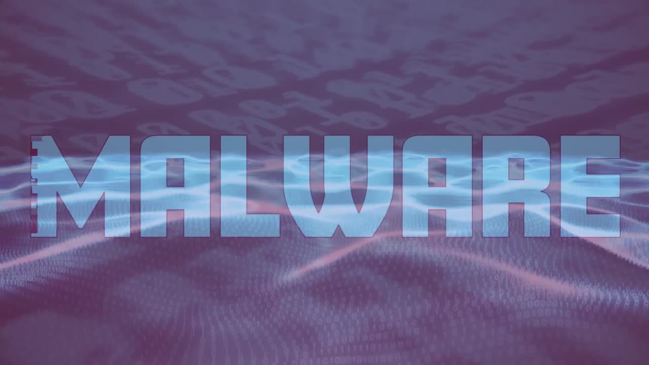 animación de texto de malware y codificación binaria sobre puntos