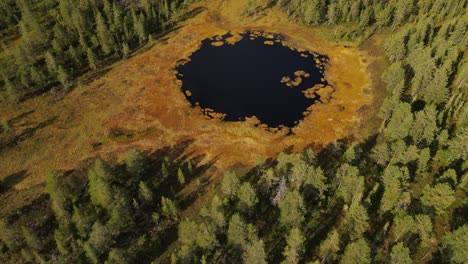 Zooning-out-drone-footage-of-round-forest-lake-in-Southern-Norway