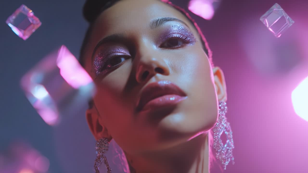 Captivating Portrait of a Model with Radiant Skin and Sparkling Accessories, Surrounded by Floating Crystals, Emphasizing Glamour and Fashion in a Stylish Environment with Soft Lighting Effects