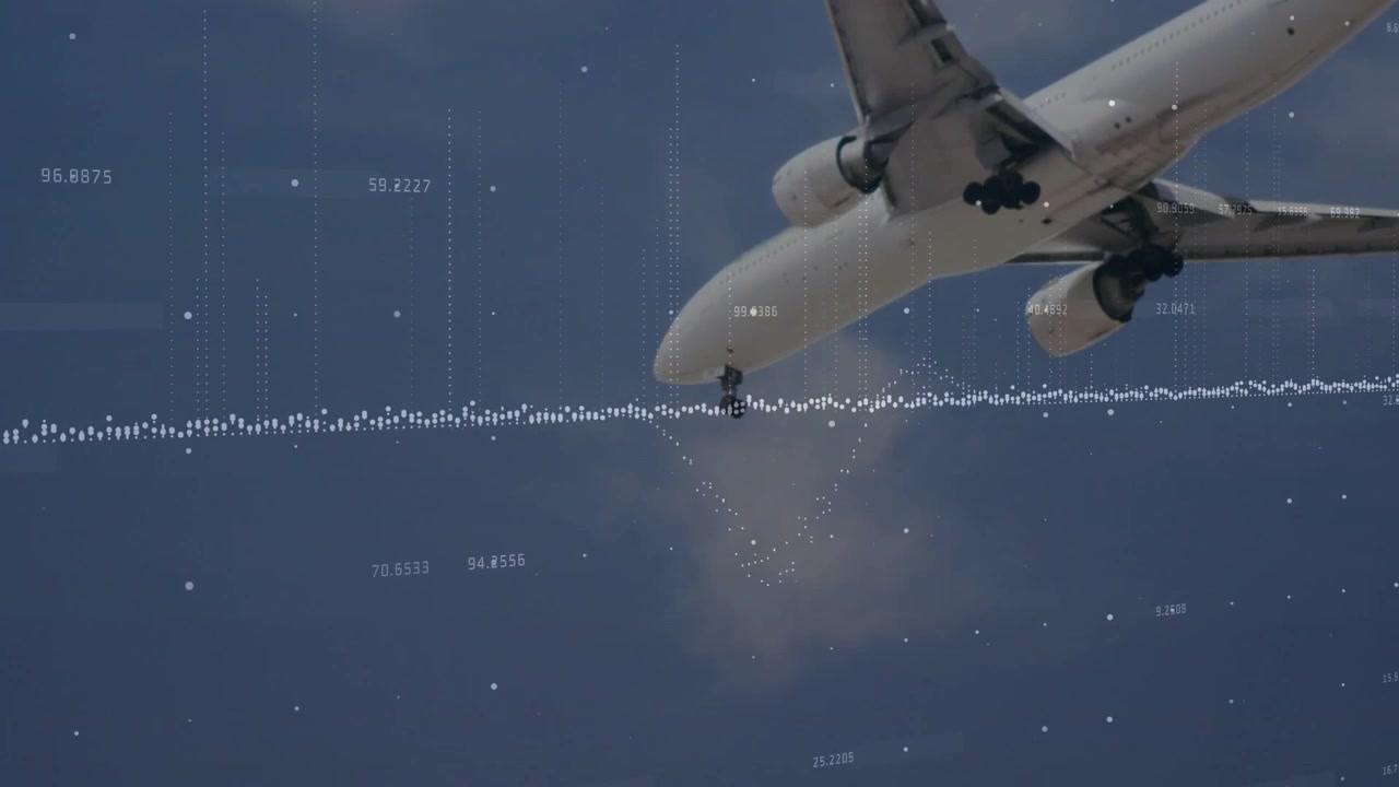 Bølgeform treffer grensen, noe som får landingshjul til å utløses, mens et jetfly synker og svinger for landing i et datadiagram.