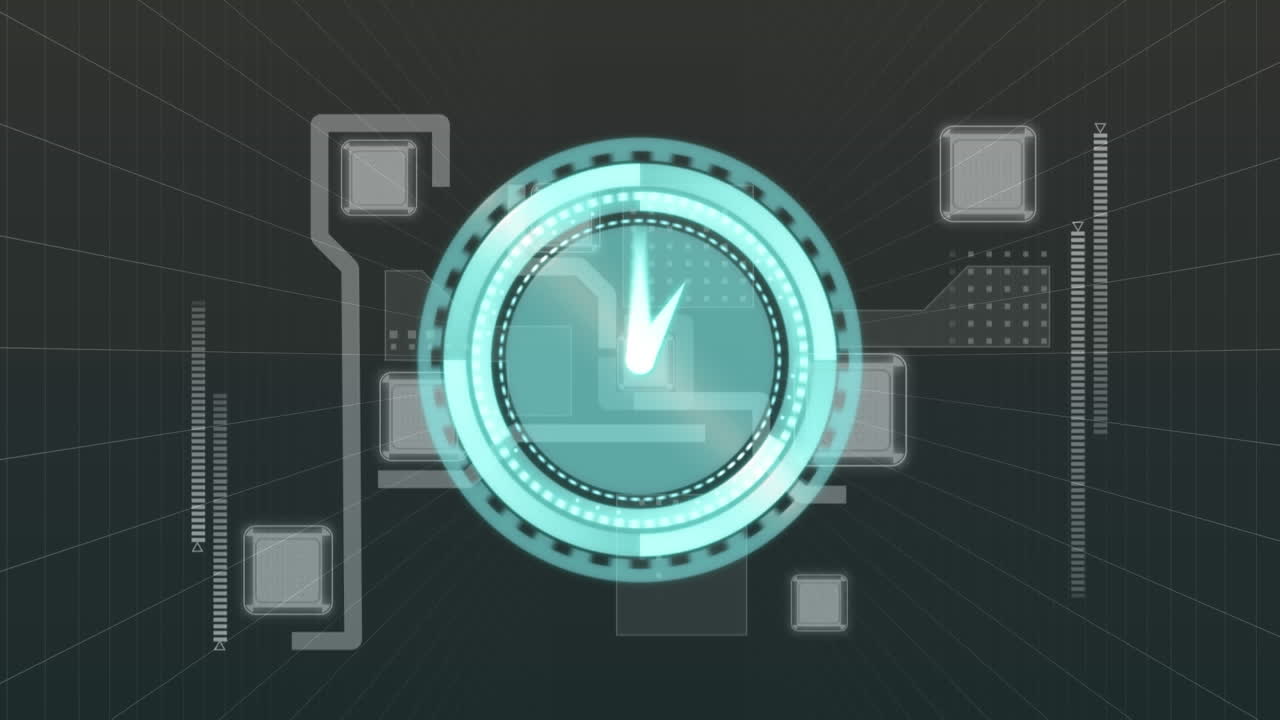animación del reloj sobre la red informática y el procesamiento de datos sobre fondo negro