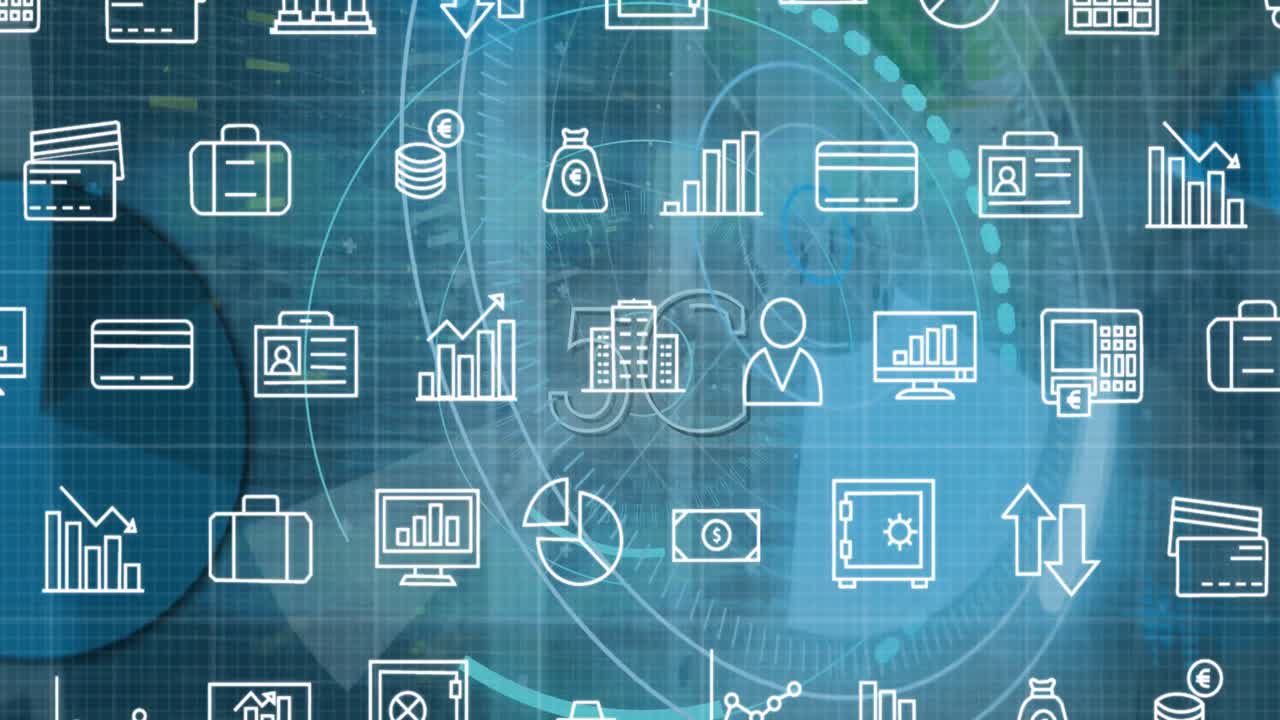 animación de la interfaz digital con alcance de escaneo e íconos sobre fondo oscuro