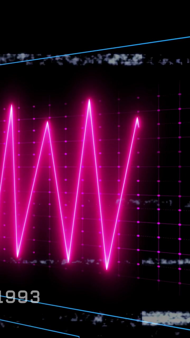 Video verticale: Forma d'onda al neon e griglia che reagiscono a una striscia statica, tracciando dati HUD in movimento.