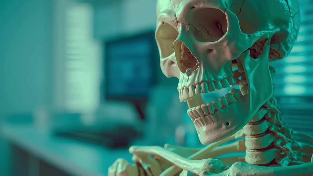 A human skeleton sitting in front of a computer monitor