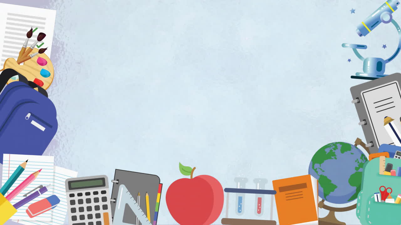 파란색 배경에 복사 공간과 함께 학교 항목 아이콘의 애니메이션