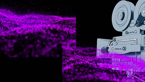 Animation-of-film-camera-over-purple-waves-on-black-background