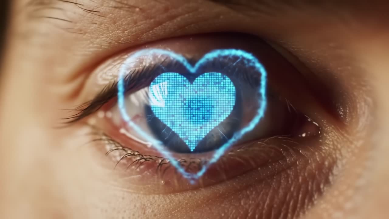 A Close-Up Look at an Eye with a Heart-Focused Digital Projection, Symbolizing Love and Emotion through Technology and Visual Expression