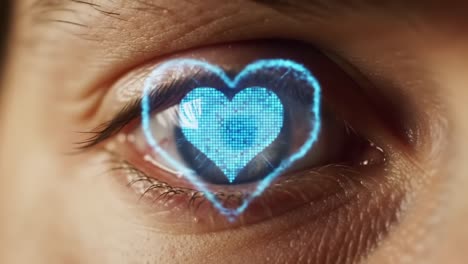 a close-up look at an eye with a heart-focused digital projection, symbolizing love and emotion through technology and visual expression