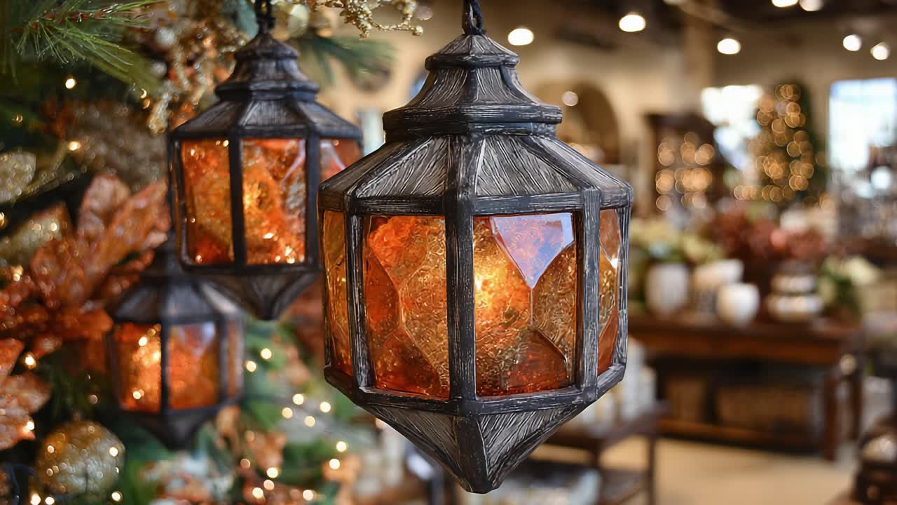 Elegant Lanterns Illuminating a Cozy Indoor Space, Surrounded by Seasonal Decor and Glowing Lights, Creating a Warm and Inviting Atmosphere