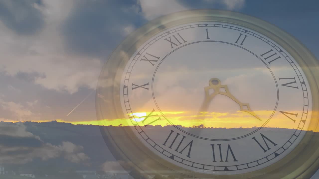 Antique clock face rotating clockwise while golden horizon band brightening, showing time passage