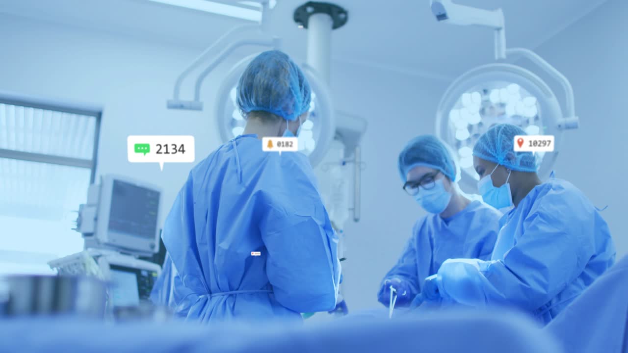 Camera panning backward over instrument tray while surgical team tracking metrics via data overlays