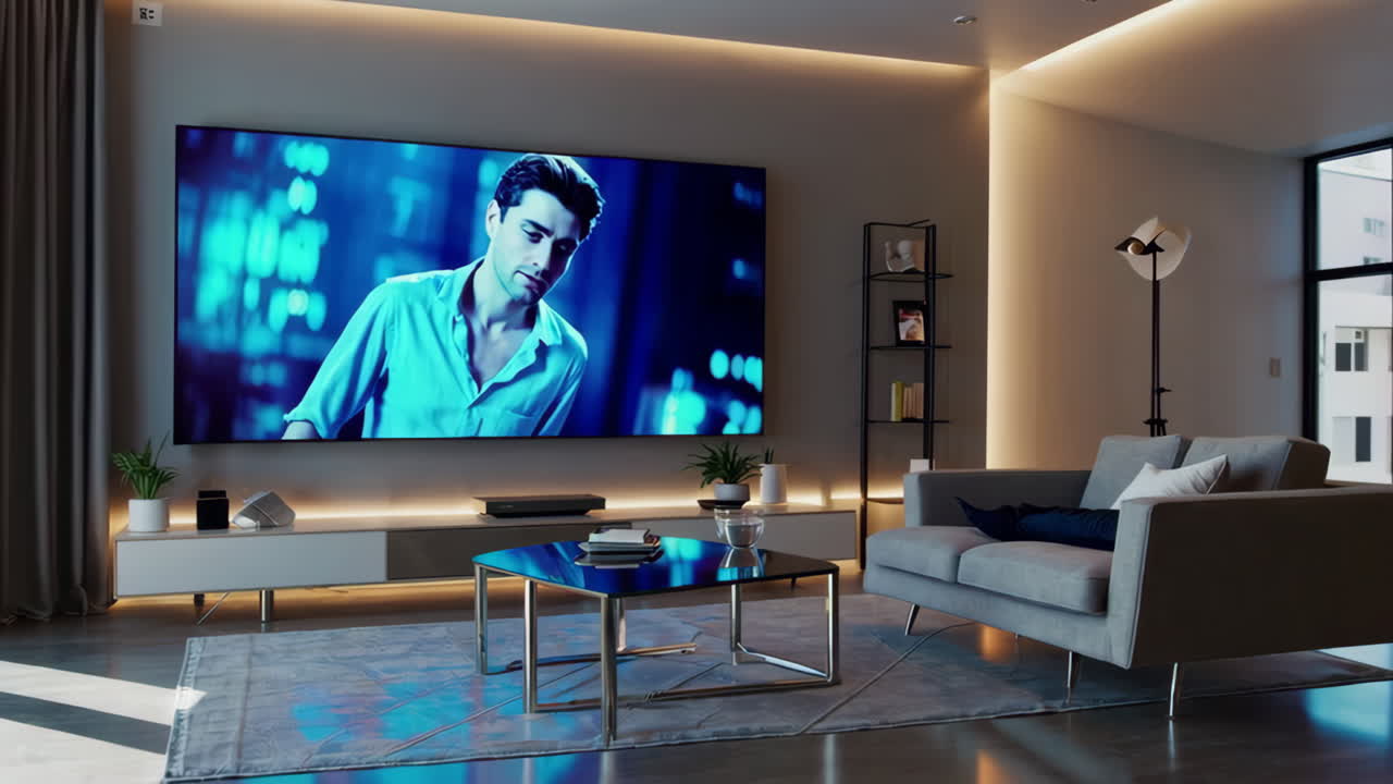 Stylish Modern Living Room with Large Screen Television Displaying a Film