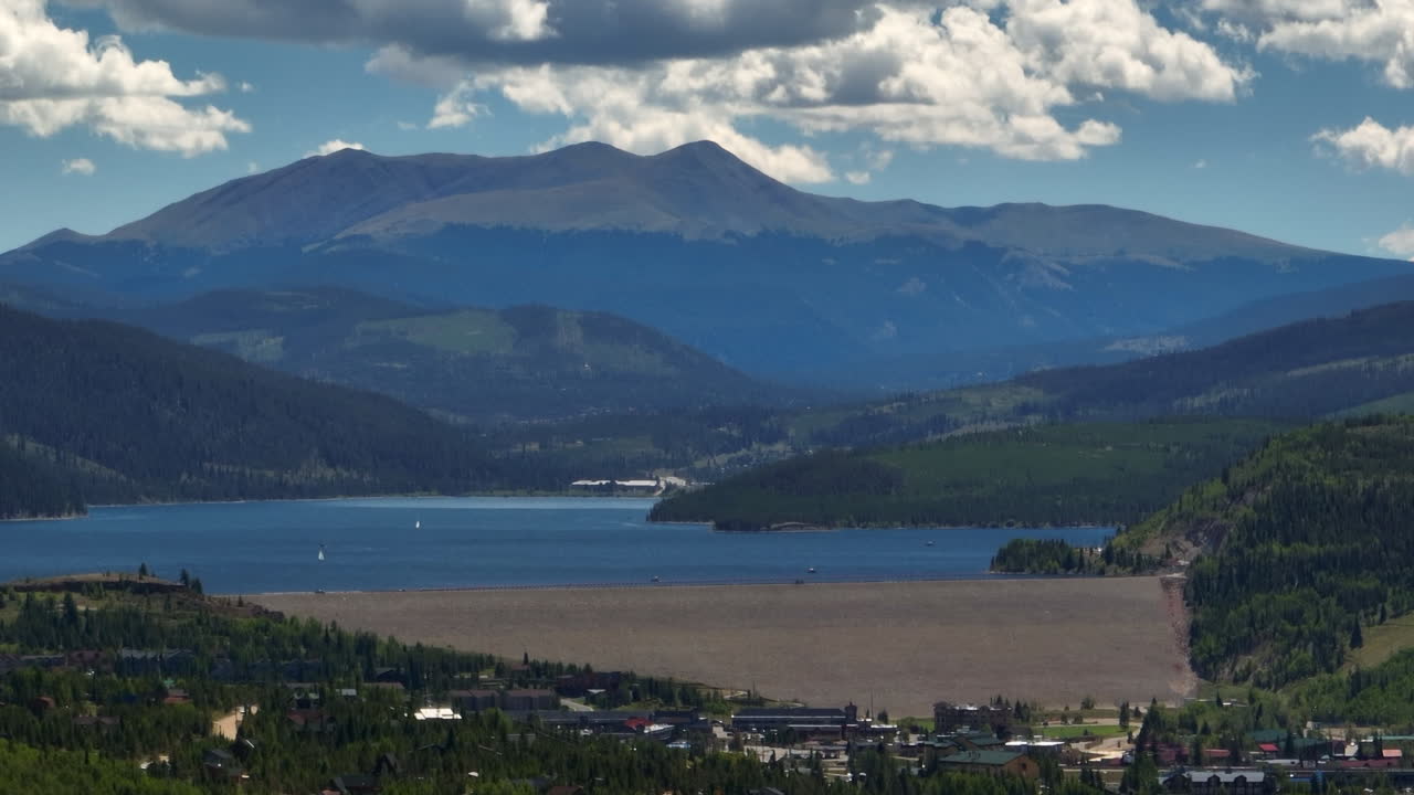 Scenic panoramic view of Dillon Reservoir and Dam with mountains and a town