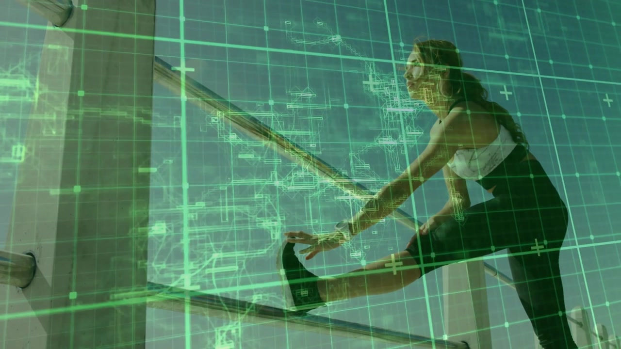 Female fitness enthusiast lifting foot onto metal railing, stretching hamstring, checking watch