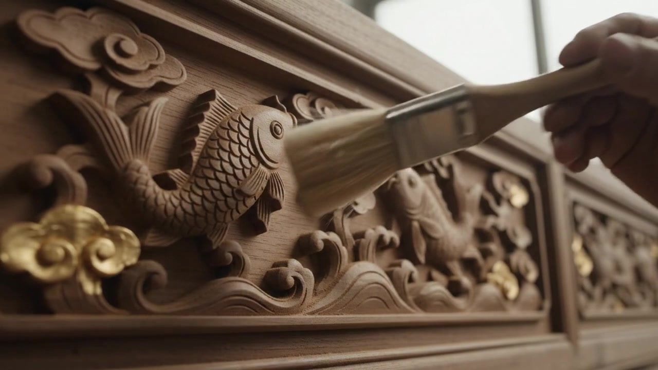Skilled Artisan Carving Traditional Chinese Woodwork in Workshop