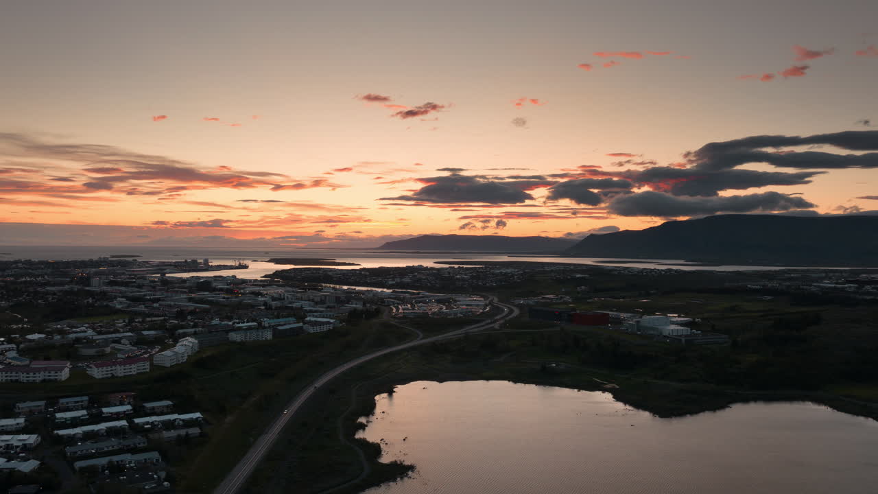 Icelandic City Sunset Aerial View