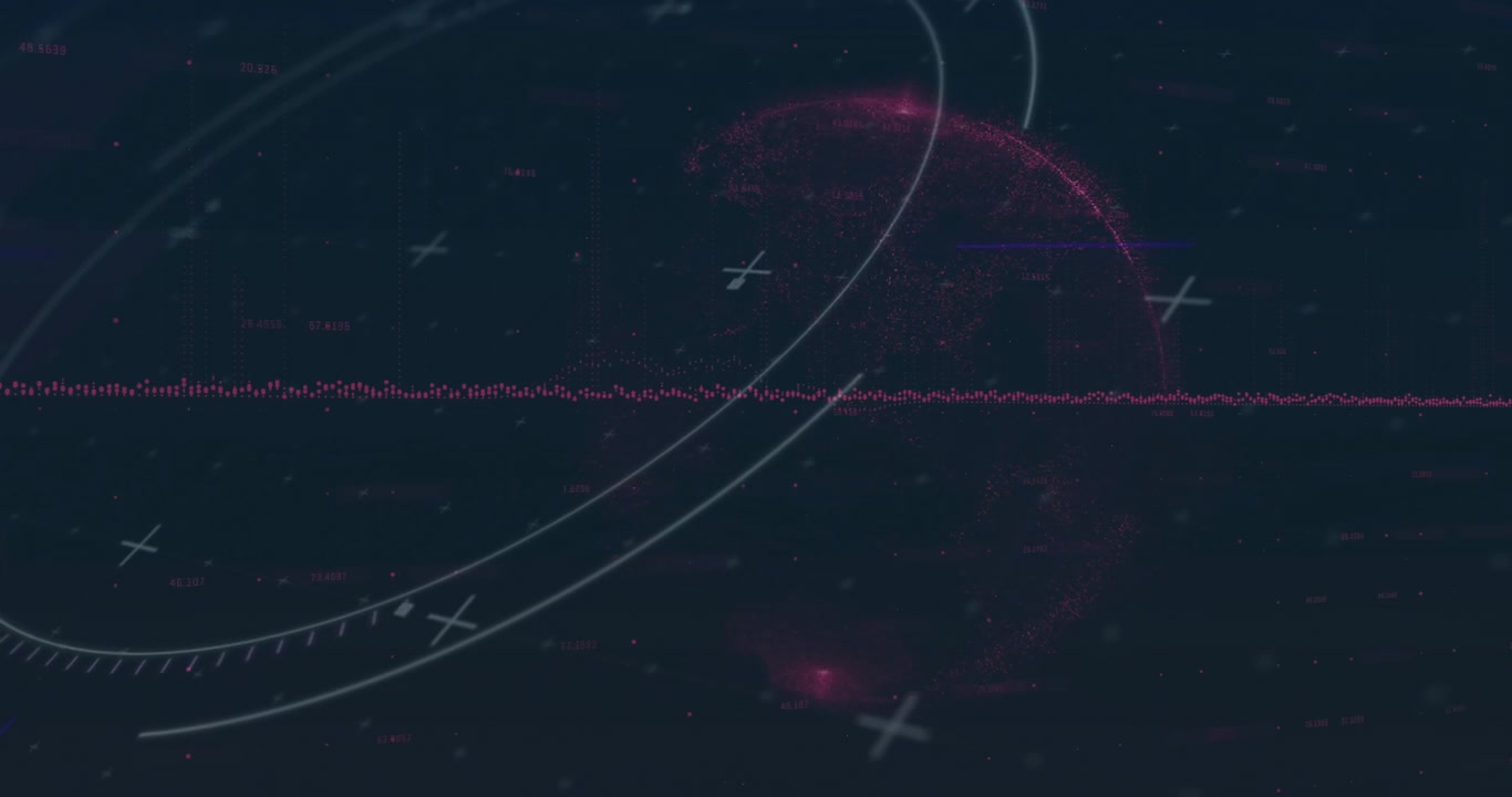 Digital animation of globe with lines and dots on dark background