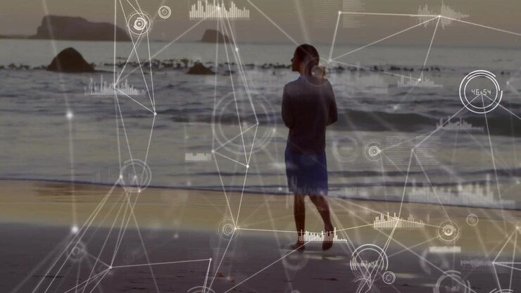 Female walking along shoreline, footsteps activating shifting AR network overlay, gazing horizon