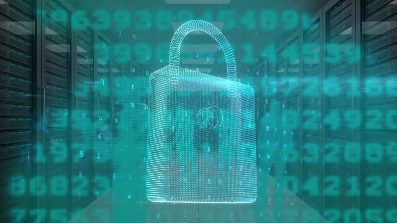 animación de advertencia de ataque cibernético y candado sobre siluetas de personas en la sala del servidor