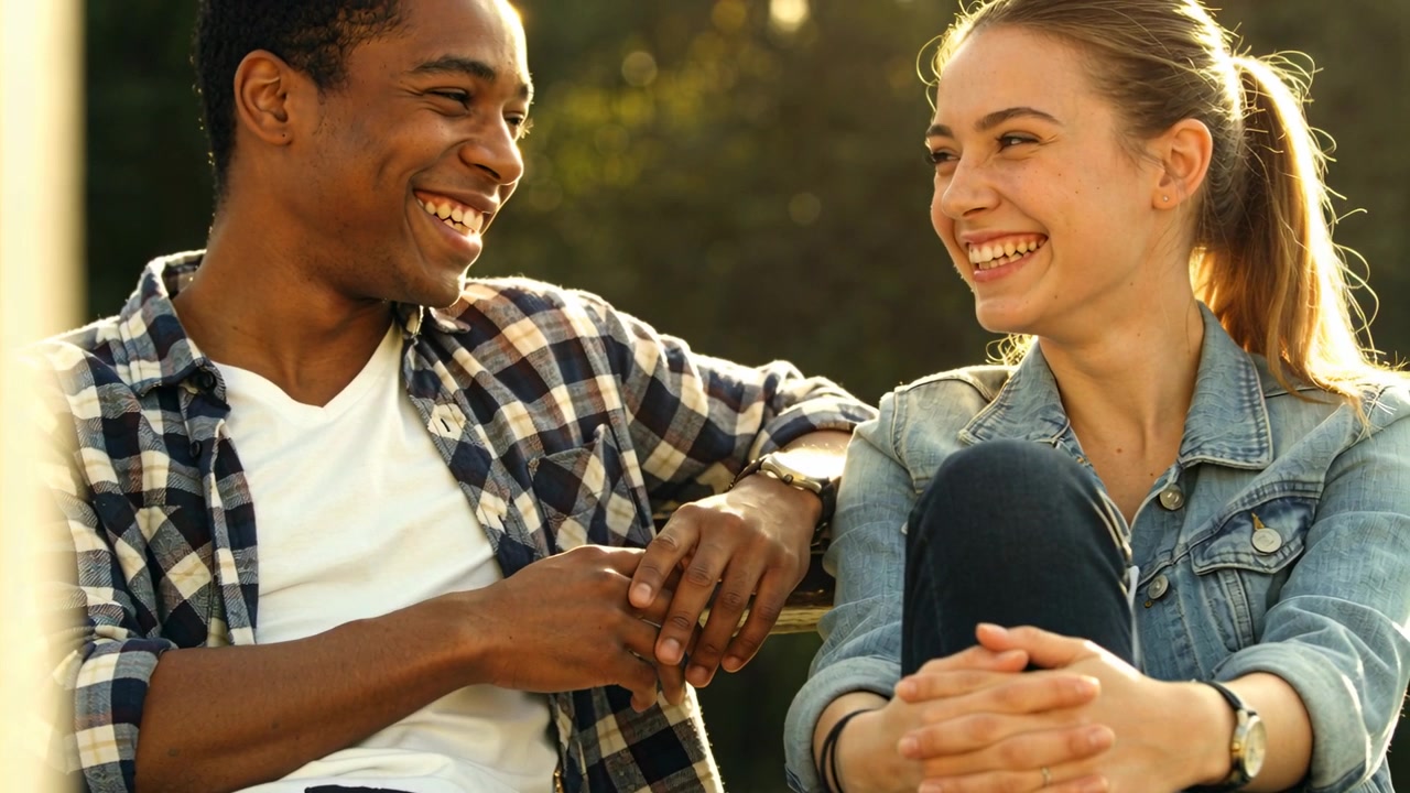 Starting conversation, man and woman in casual clothes sharing intimate laugh on park bench, watch