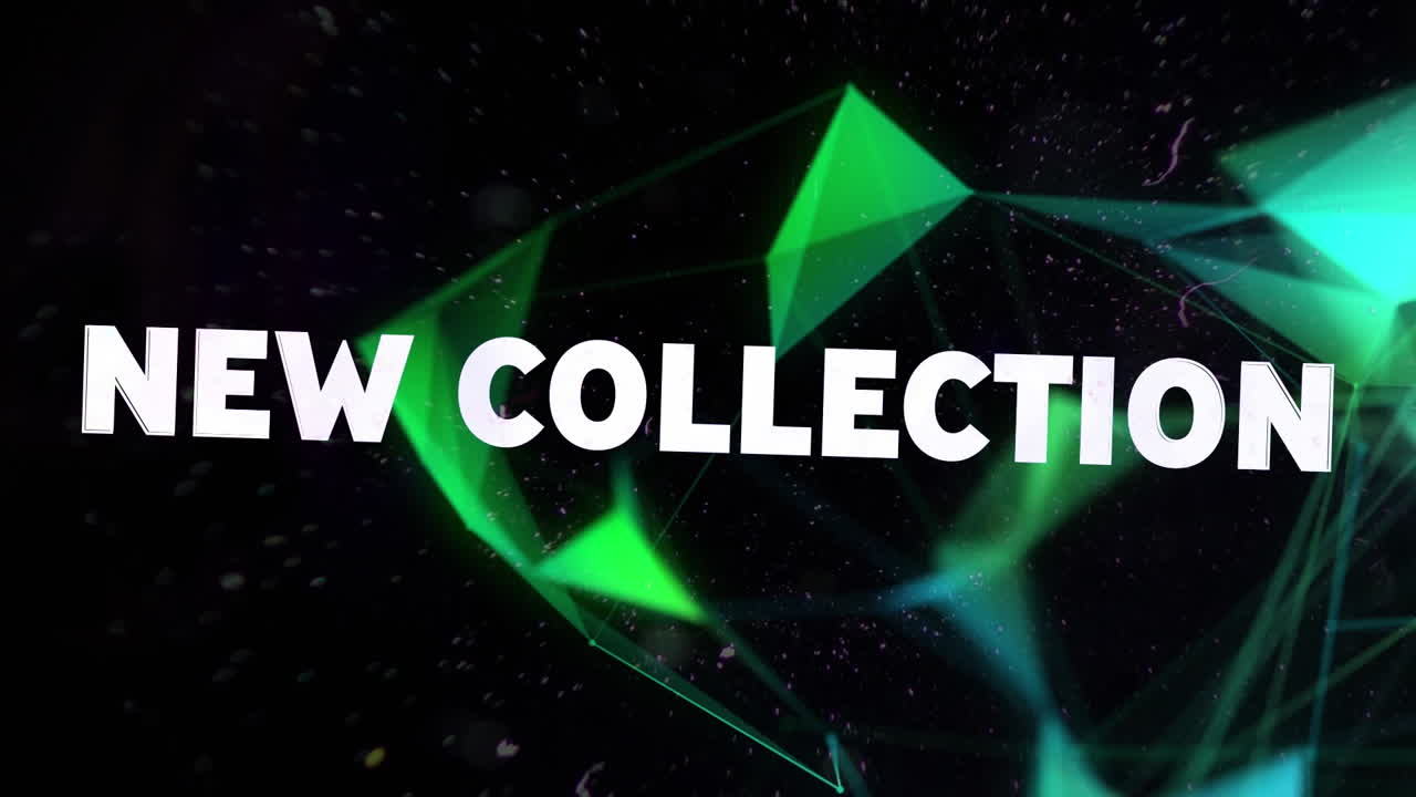 Animation of new collection in white text distorting over floating green shapes on black