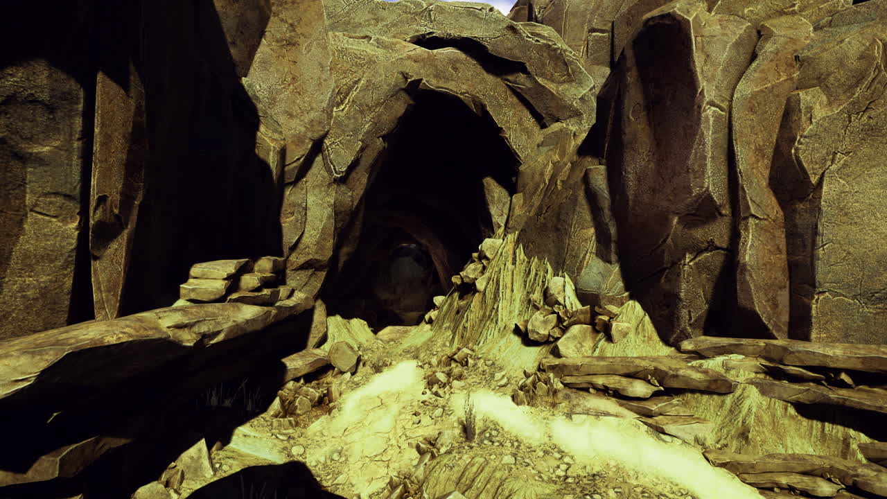 Ingresso di una grotta rocciosa con acqua corrente e formazioni naturali in piena luce