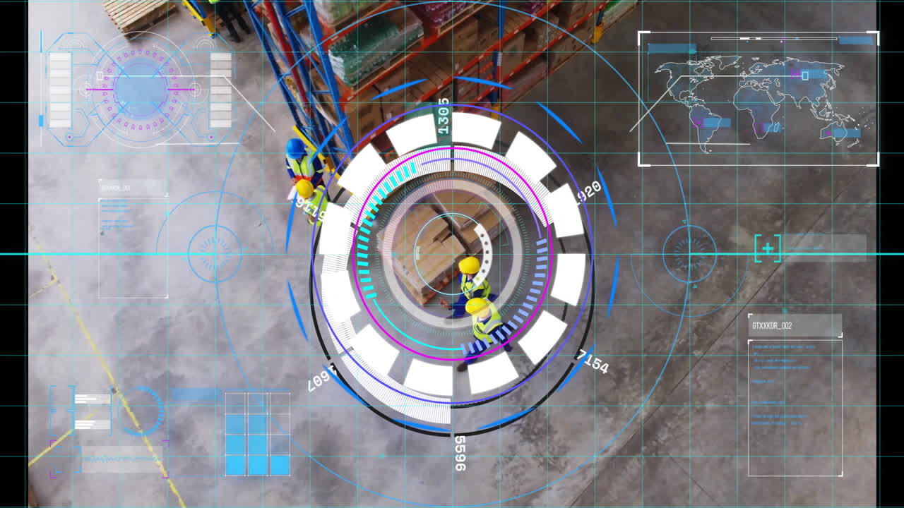 Warehouse workers moving boxes with digital data processing animation overlay