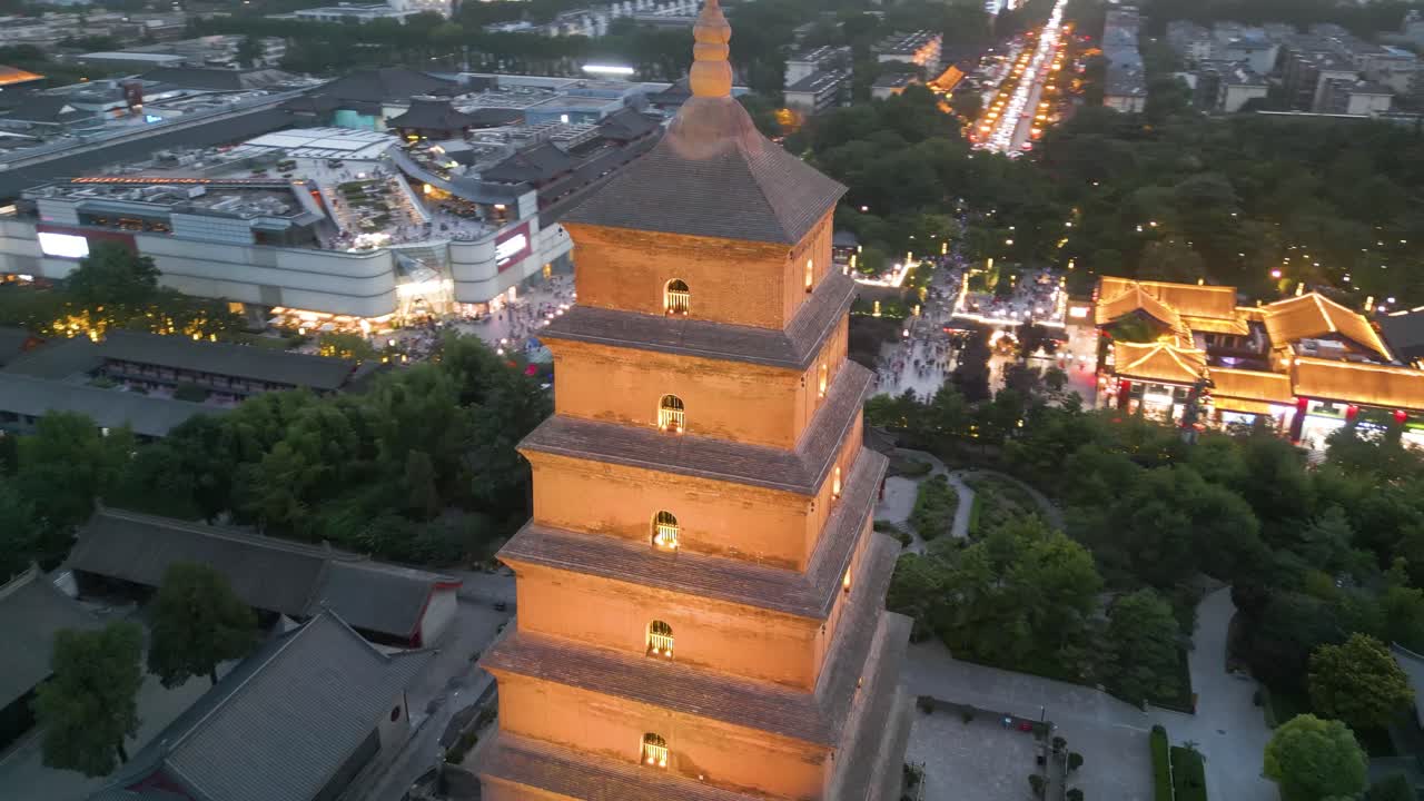 Evening aerial over Giant Wild Goose Pagoda, an iconic historical landmark situated in the city of Xi'an, Shaanxi Province, China