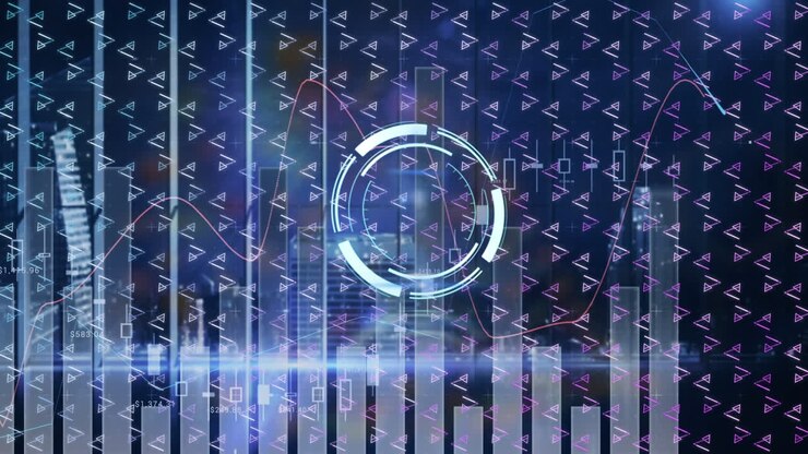 Animation of clock moving over globe purple shapes and cityscape