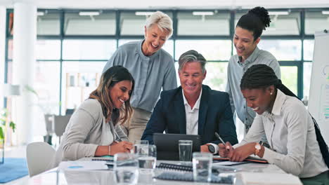 collaboration, laptop and business people