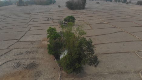 Pequeña-Casa-Local-En-Laos-Entre-Los-Campos,-Aérea.