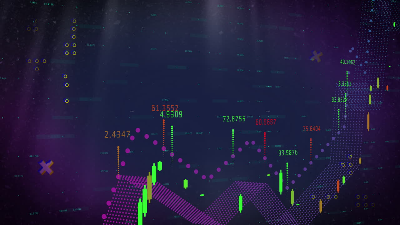 Animation of colorful graphs and numerical indicators visualizing stock market data